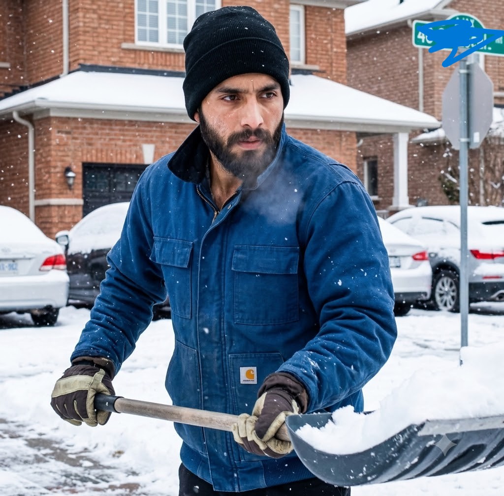 Hand-shovelling snow from a walkway in front of a brick home in Ajax, Ontario