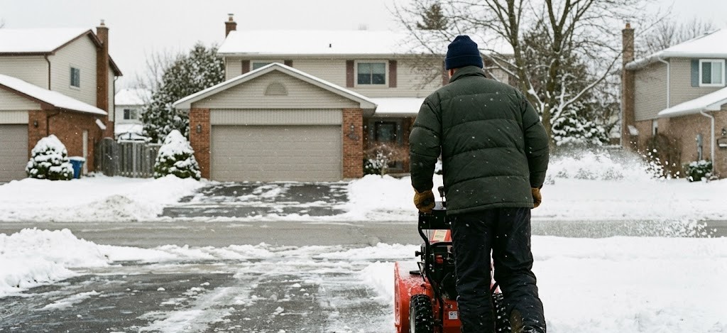 Clearing a snow-covered residential driveway with a two-stage snow blower in a North Ajax subdivision